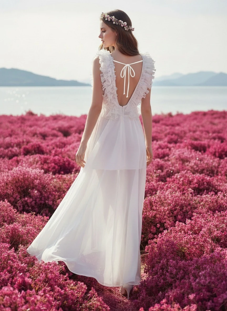 Back view of white maxi dress with open tie back