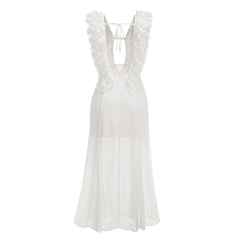 Real photo of white ruffle strap maxi dress, back view