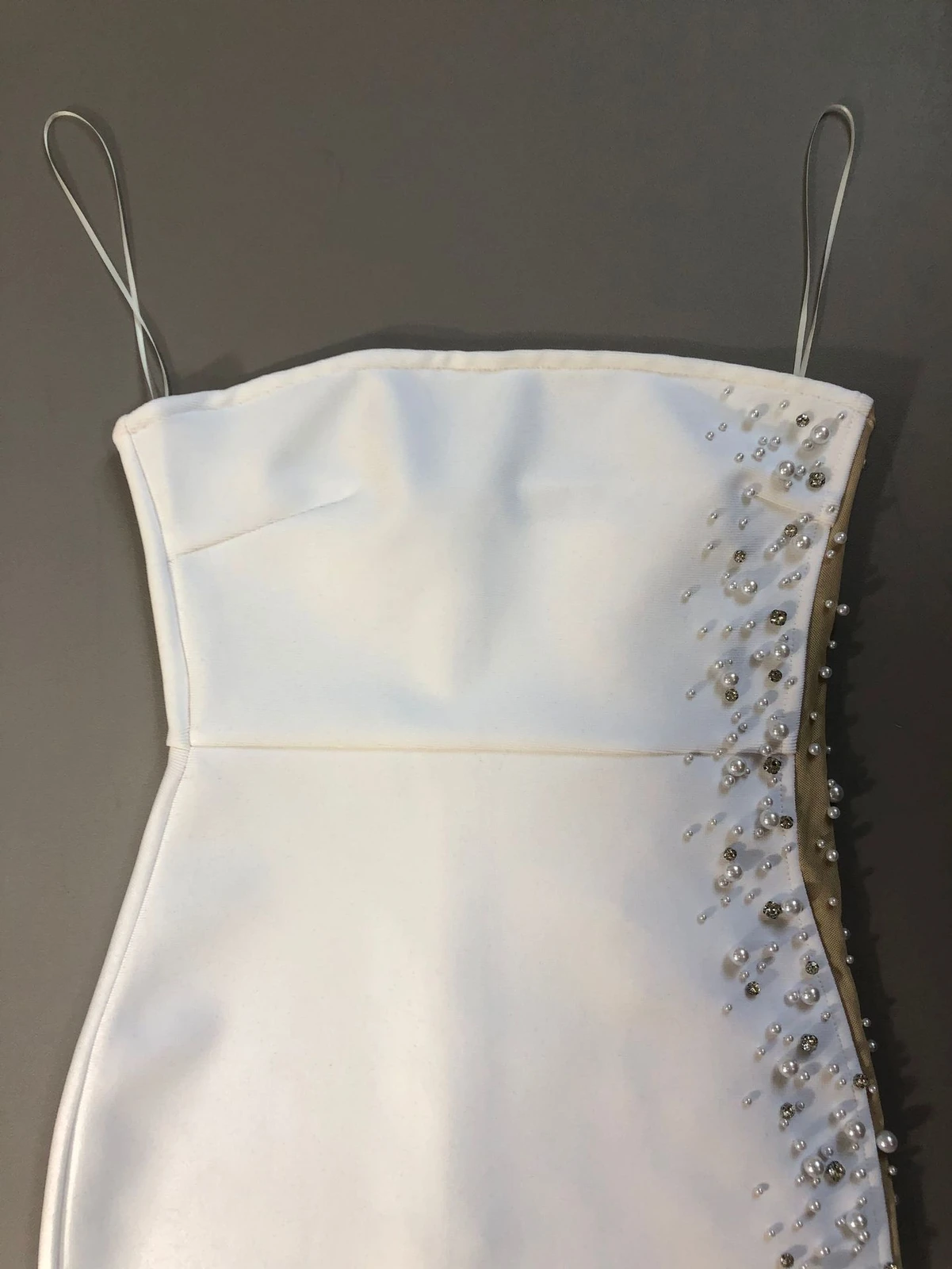 Real photo of the white strapless bandage maxi dress bodice