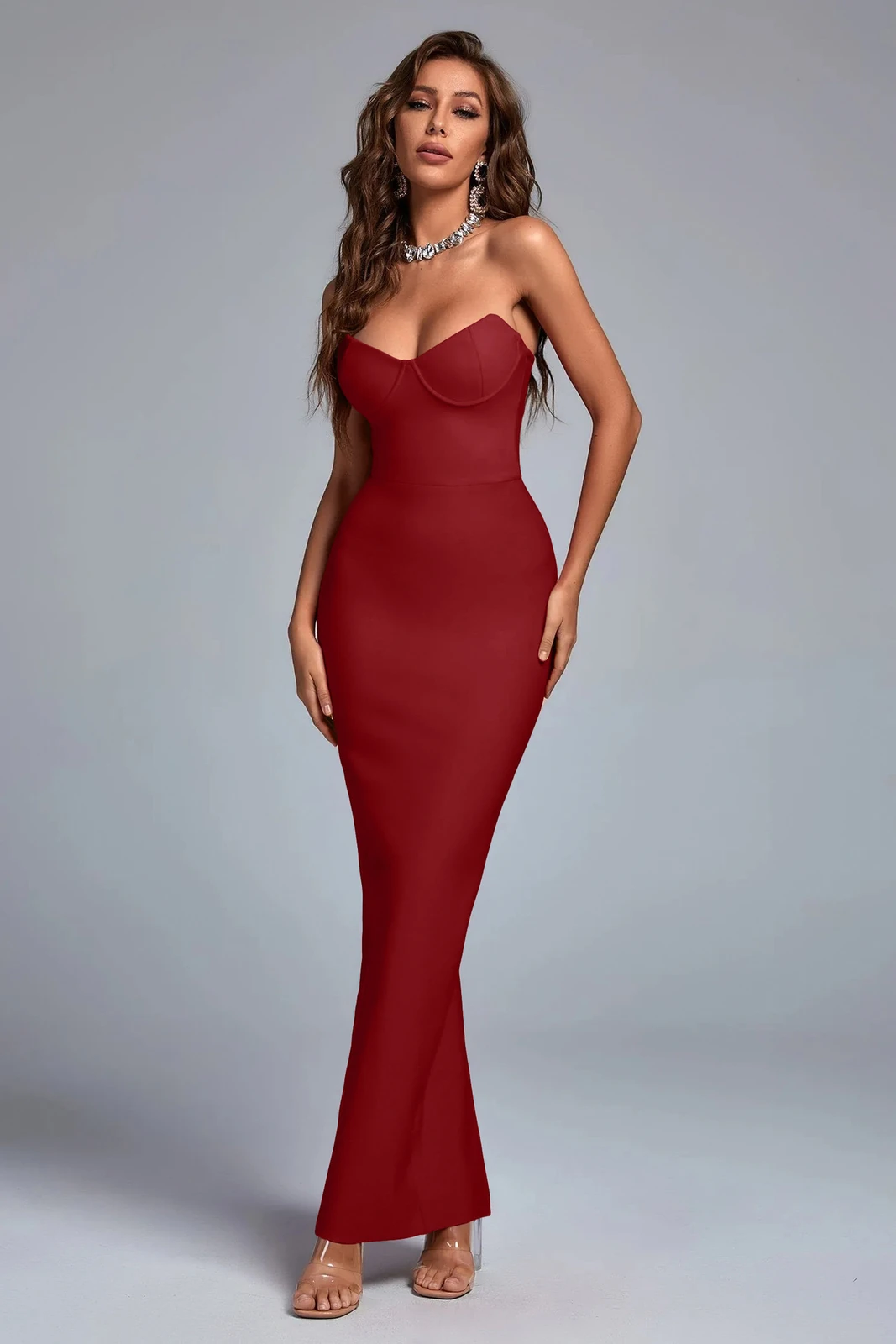 Model wearing wine red strapless sweetheart bodycon bandage maxi dress