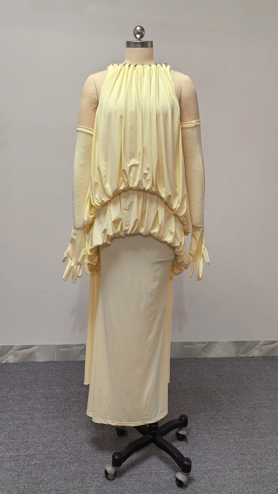 Real photo of yellow halter blouson maxi dress on a mannequin