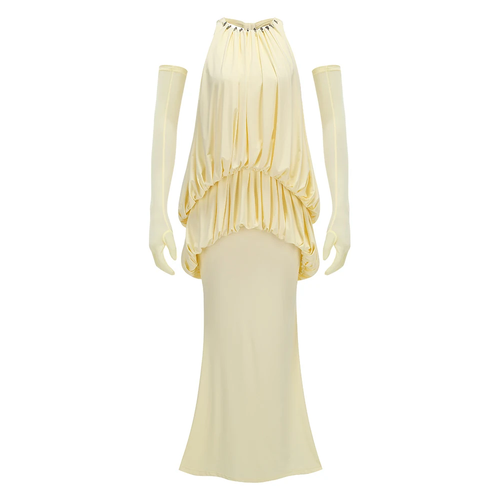 Real photo of yellow halter blouson mermaid maxi dress with gloves, front view