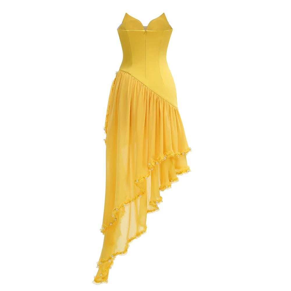 Real photo of yellow strapless high-low ruffle maxi dress, back view