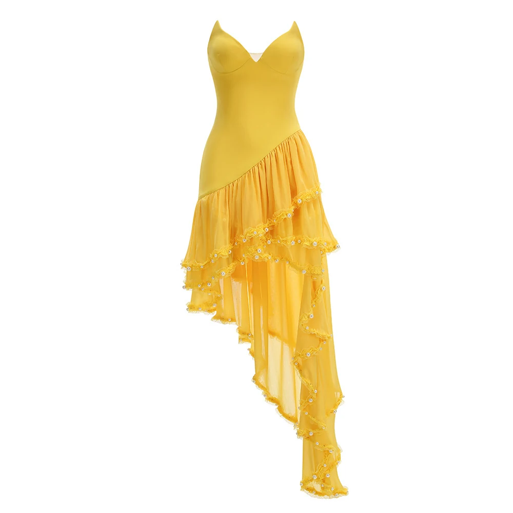 Real photo of yellow strapless high-low ruffle maxi dress, front view