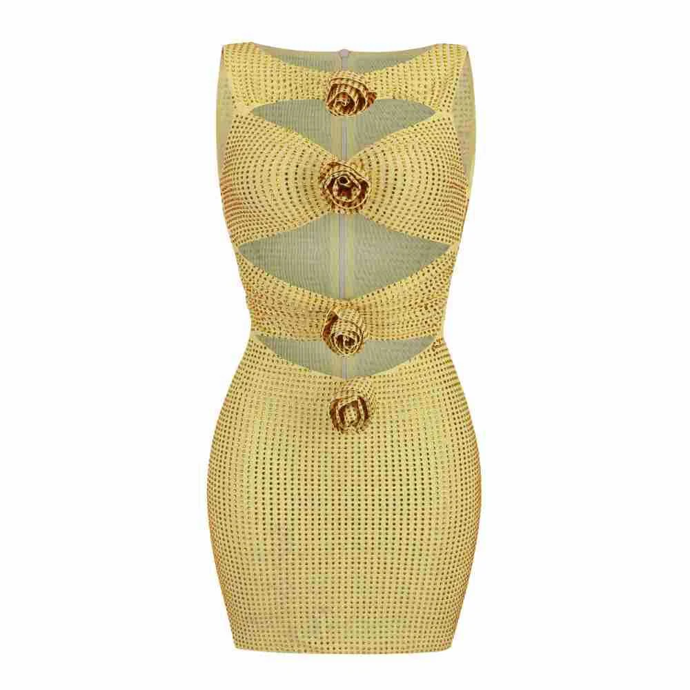 Real photo of yellow rhinestone mesh cut-out mini dress, front view